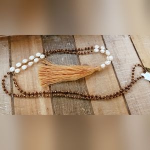 Zacasha Boho Faceted Crystal and Pearl Tassel Drop Necklace Amber Copper NWT